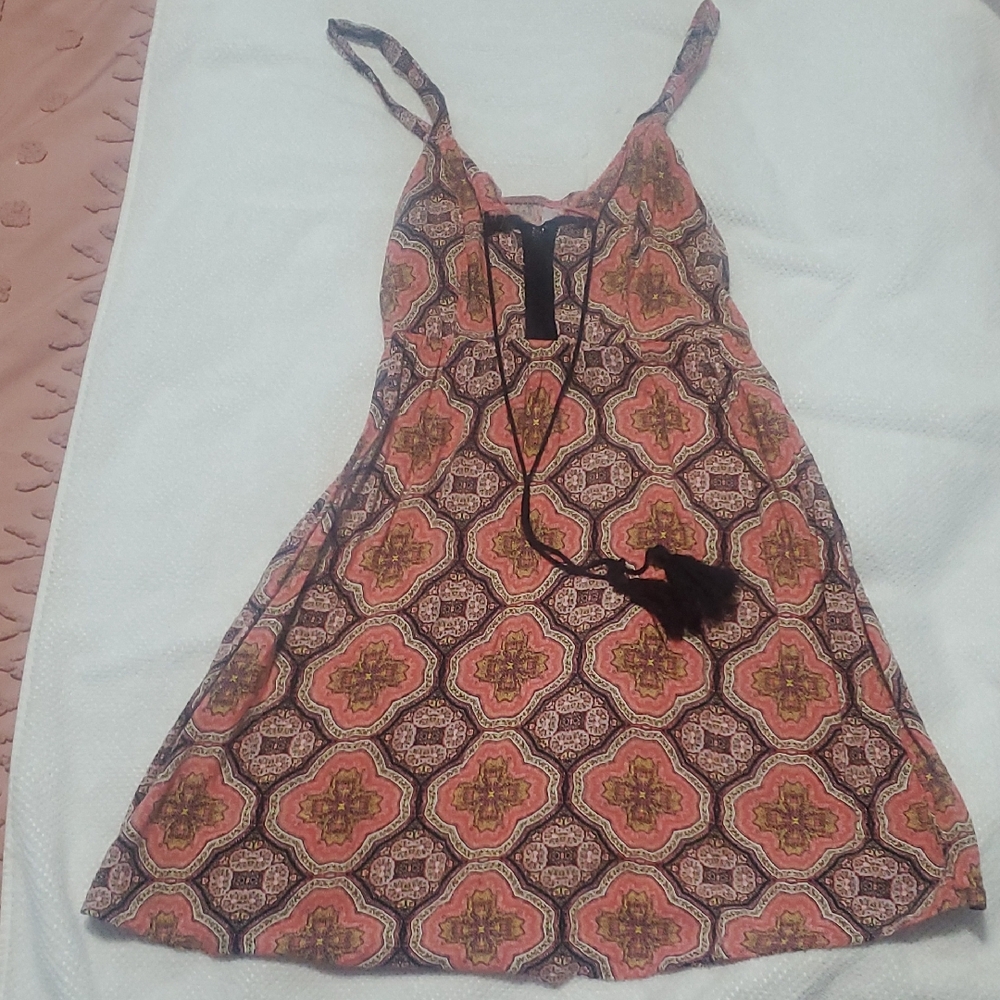 No Boundaries Coral, Navy & Olive Printed Sundress with Tassel Tie